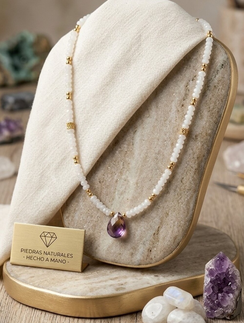 Chic Gold and White Rainbow Moonstone Microfaceted Necklace with Purple Accent
